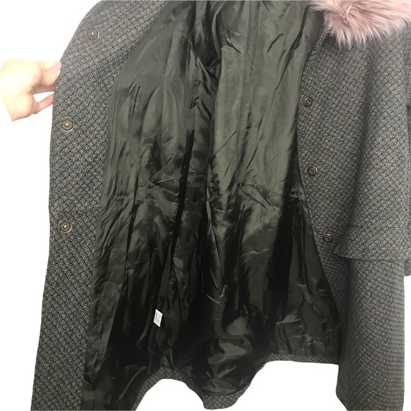 Maison Cherie Green Black 100% Wool Geo Print Coat With Fur Collar - Picture 9 of 11